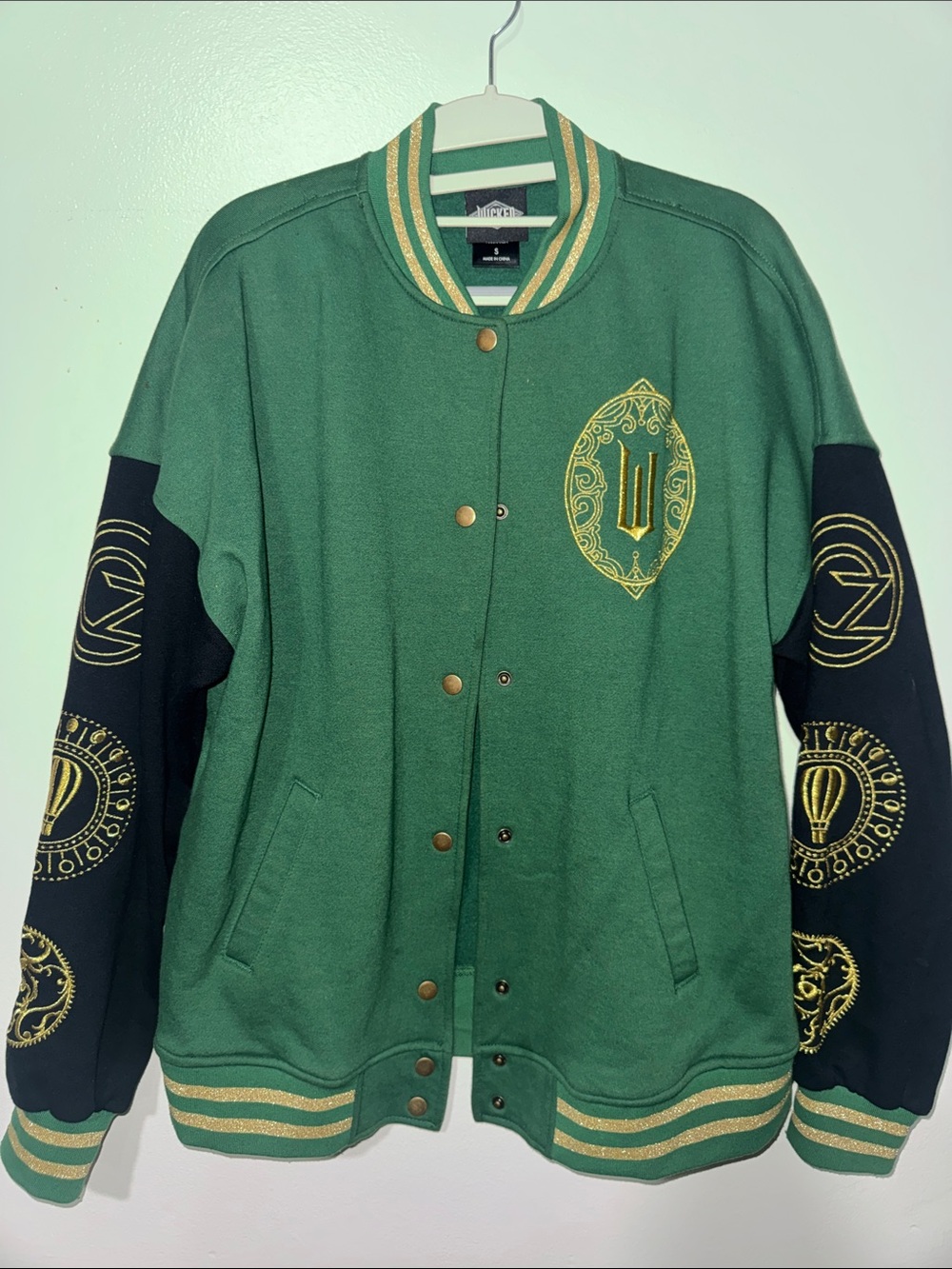 Green & Black Embroidered Graphic Varsity Jacket WICKED, small.